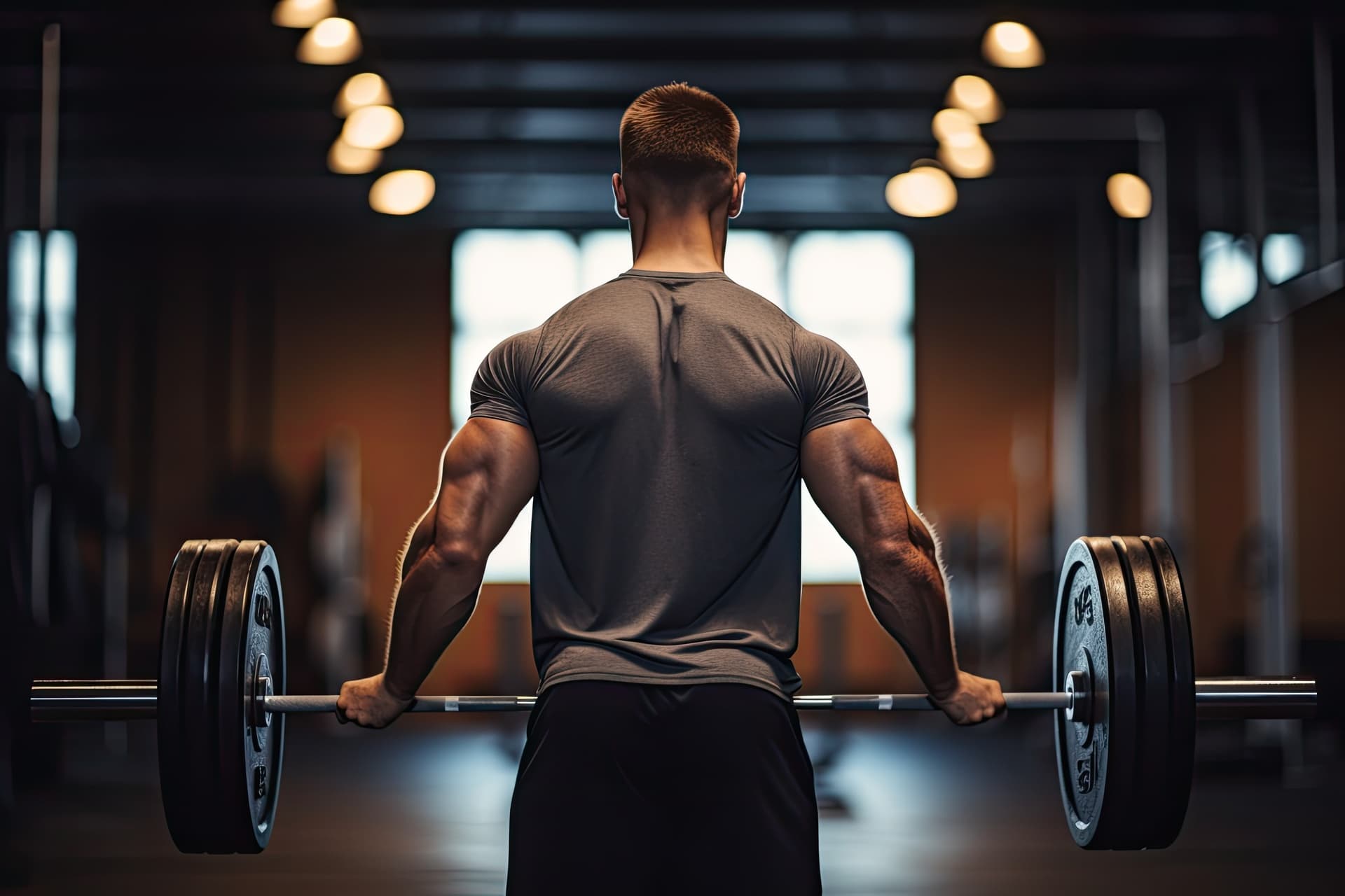 Lifter performing a barbell row in a dimly lit gym